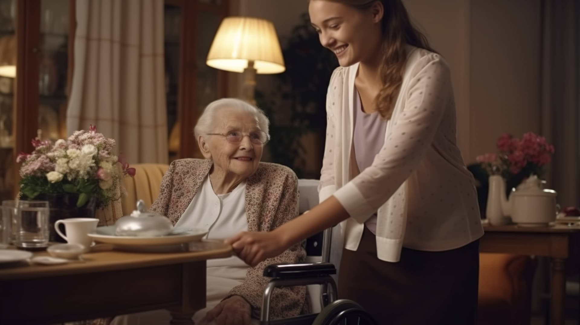 Diyetisyen genç kadın yaşlı alzheimer hastası tekerlekli sandalyesinde oturan kadına yemek servis ediyor.