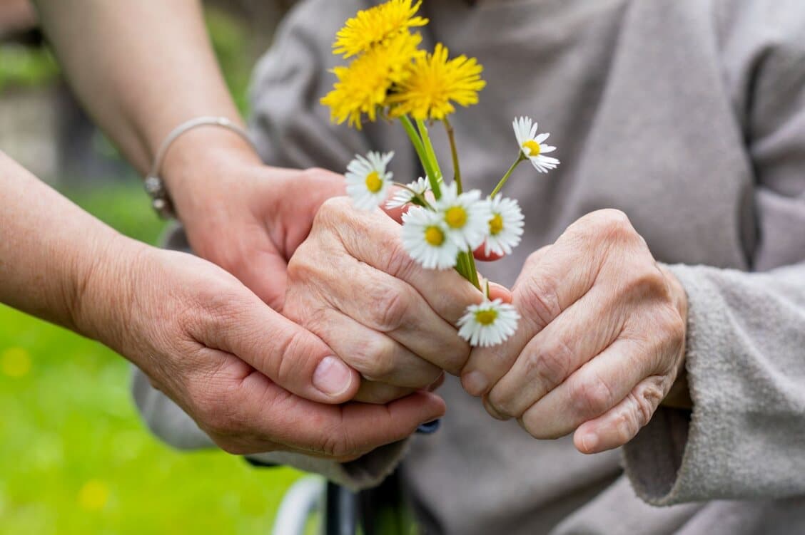 Yaşlı kadın çiçek topluyor.