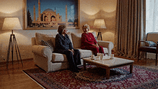 Resim açıklaması: iki yaşlı kadın birlikte oturup konuşup gülüyor